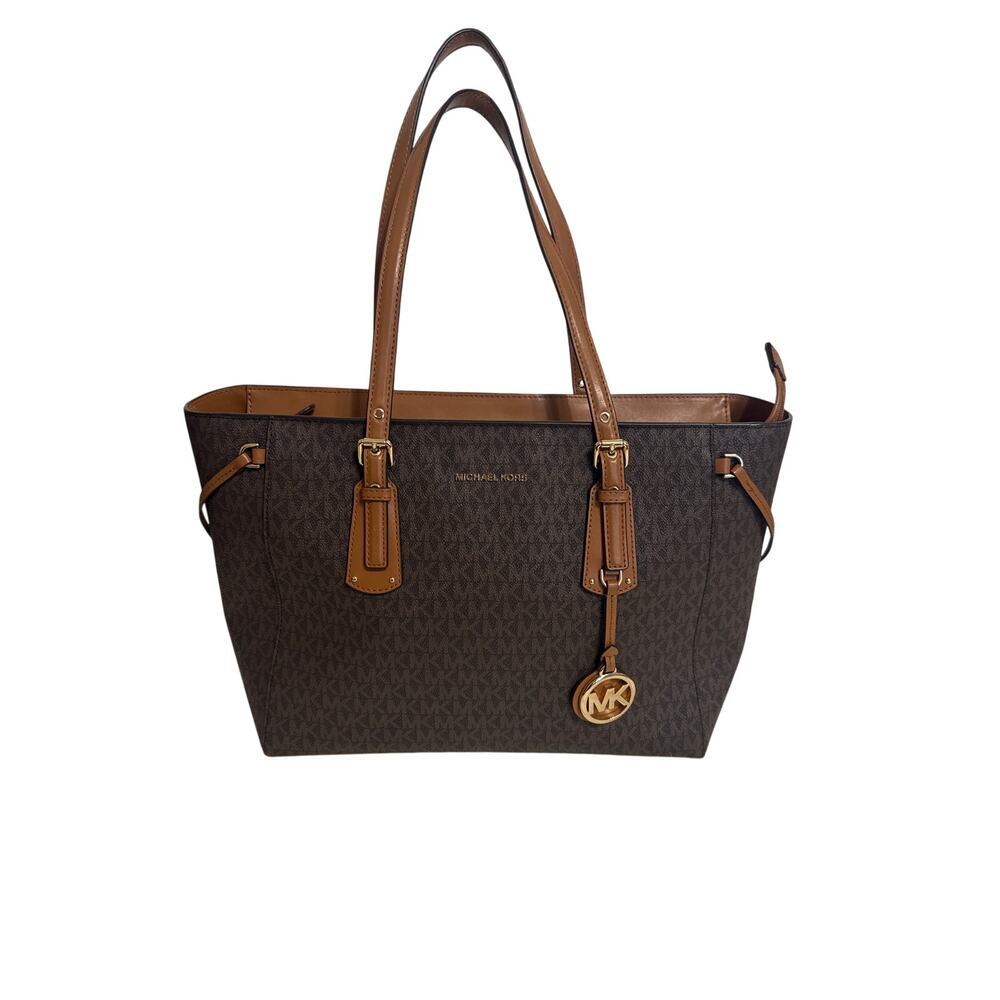 Michael Kors NWT Voyager Medium Logo Tote Bag Pocketbook Brown Zip Drawstring - Picture 2 of 15